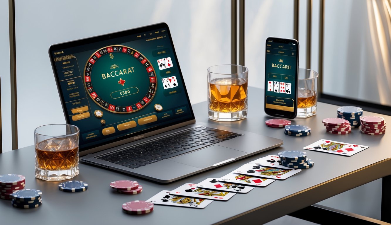Meja kerja modern dengan laptop menampilkan permainan baccarat online, dikelilingi chip kasino dan kartu remi.