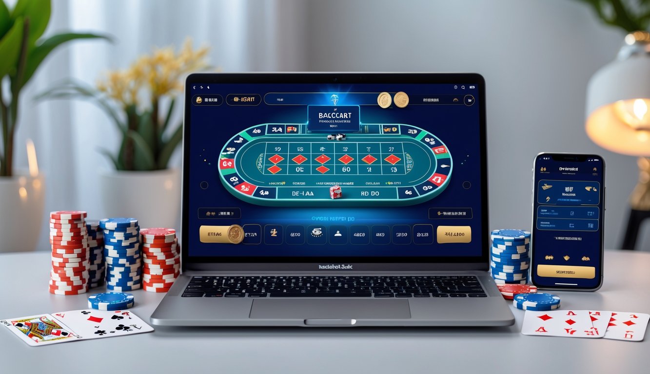 Sebuah laptop dengan permainan baccarat online yang sedang berjalan, dikelilingi oleh chip poker dan kartu remi di atas meja di ruang kerja yang rapi.