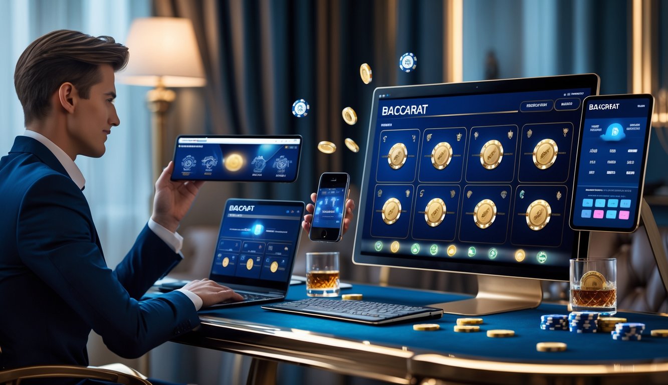 Seorang dewasa muda duduk di meja dengan laptop dan ponsel yang menampilkan permainan baccarat, di ruangan yang elegan dan modern dengan suasana profesional dan nyaman.