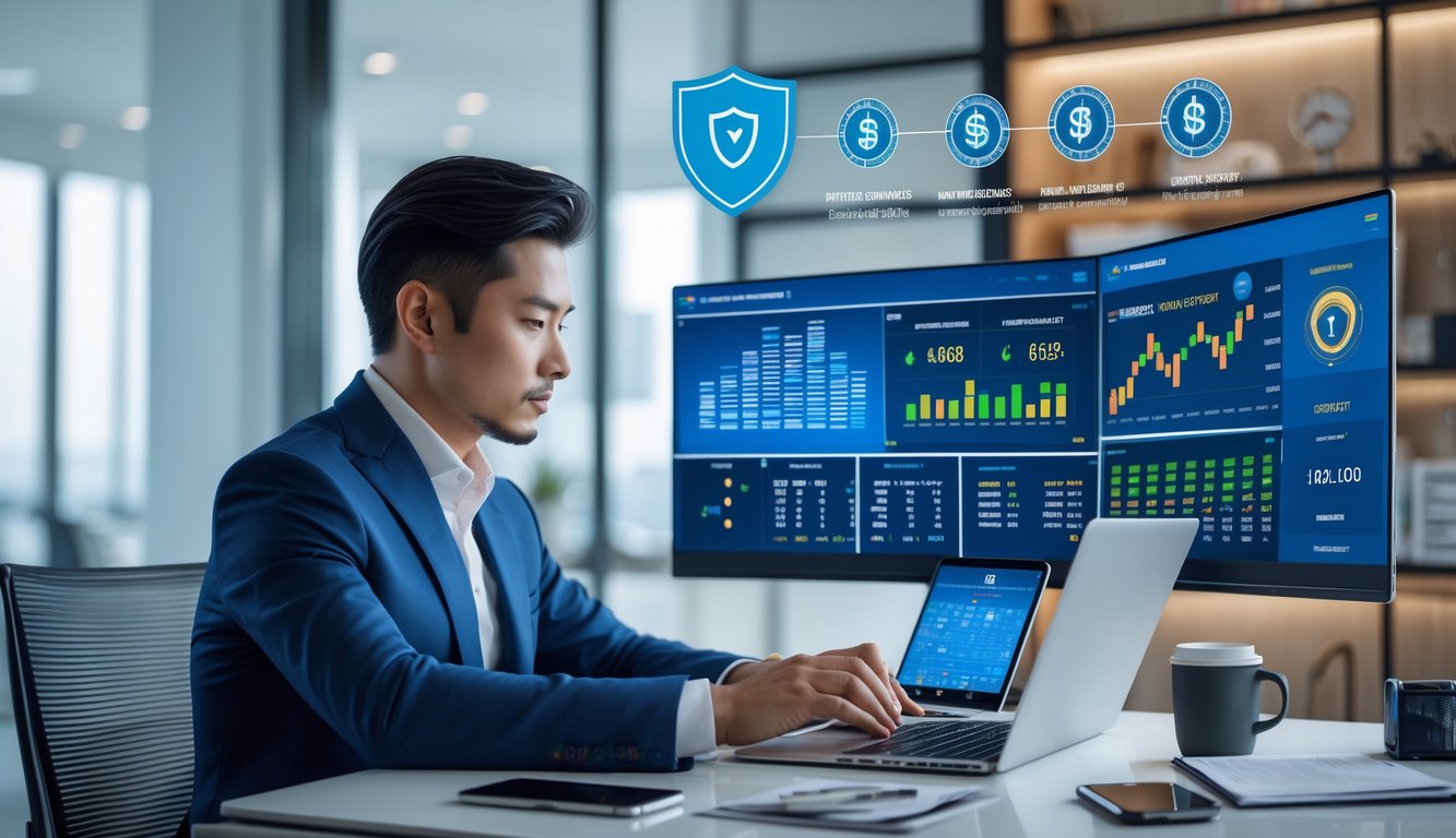 Seorang pria Asia berpakaian rapi duduk di meja kantor modern menggunakan laptop dengan layar menampilkan grafik keuangan dan permainan baccarat.