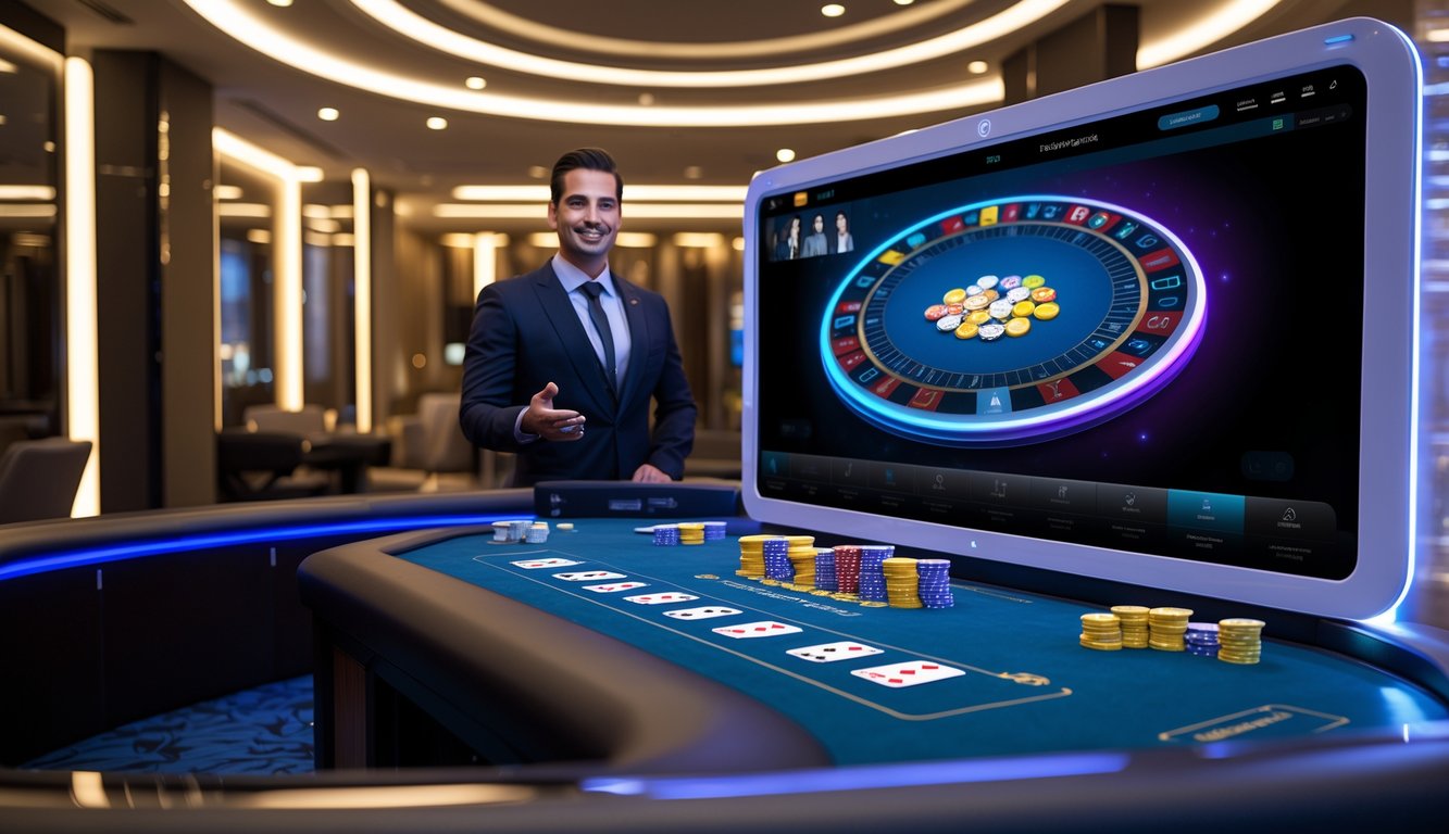 Sebuah meja baccarat digital modern dengan dealer profesional di layar komputer dalam ruangan permainan berteknologi tinggi.
