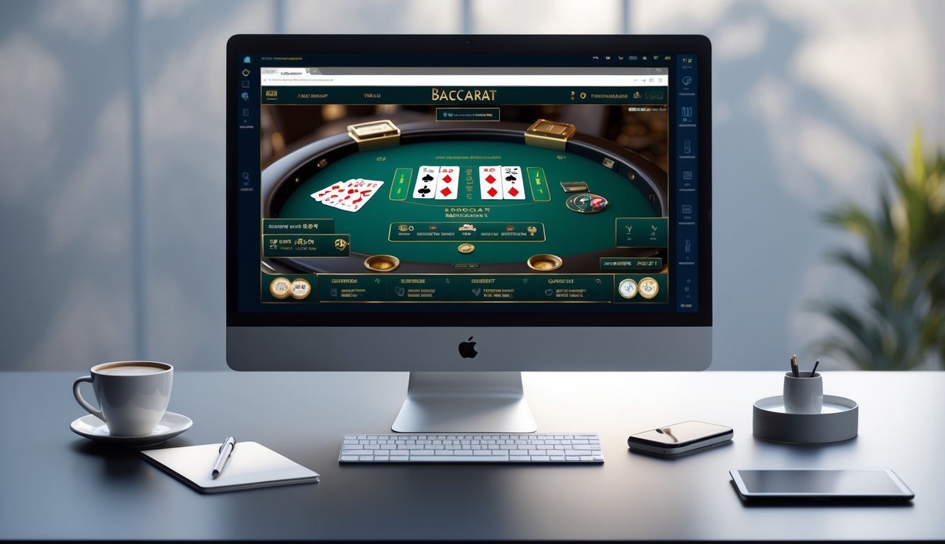 Seorang pengguna sedang bermain baccarat online di komputer dengan tampilan layar yang jelas dan lingkungan kerja yang rapi.