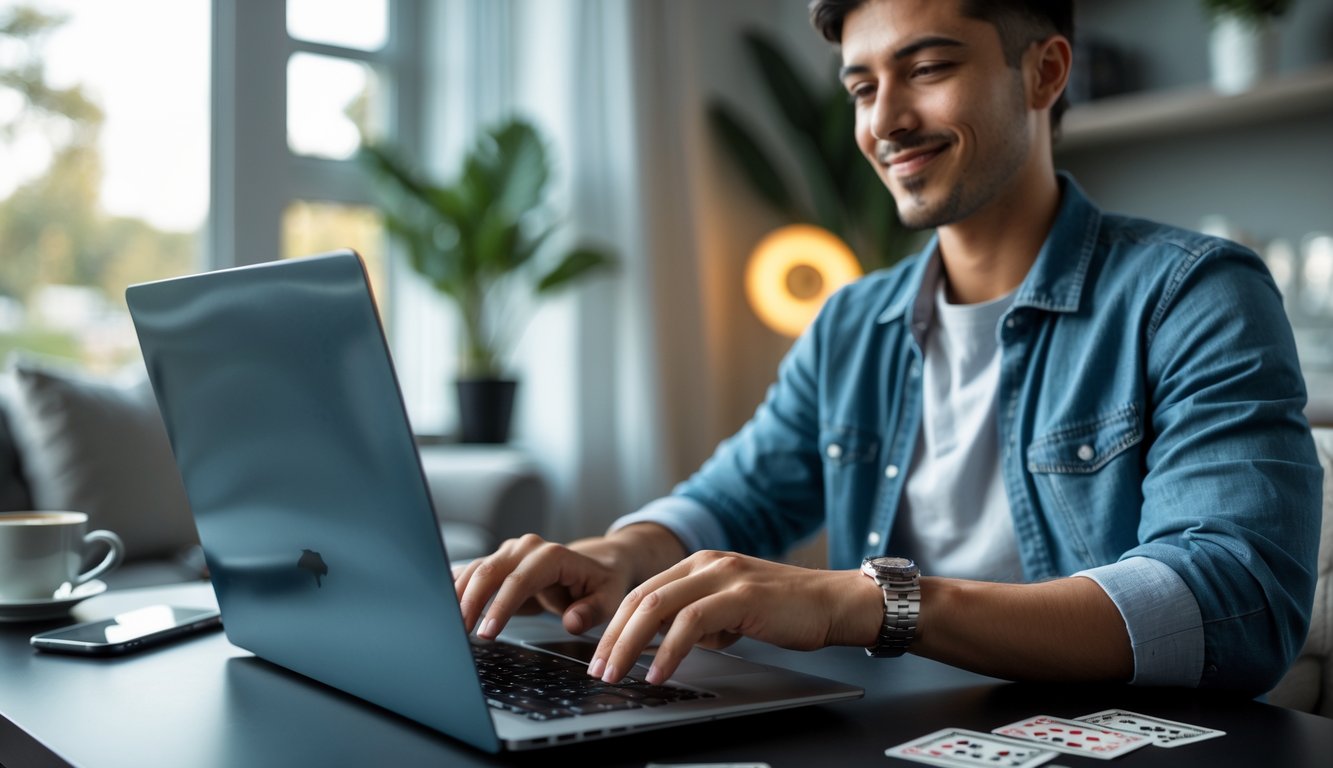 Seorang dewasa muda bermain baccarat online di laptop di ruang tamu yang nyaman dengan cahaya alami.