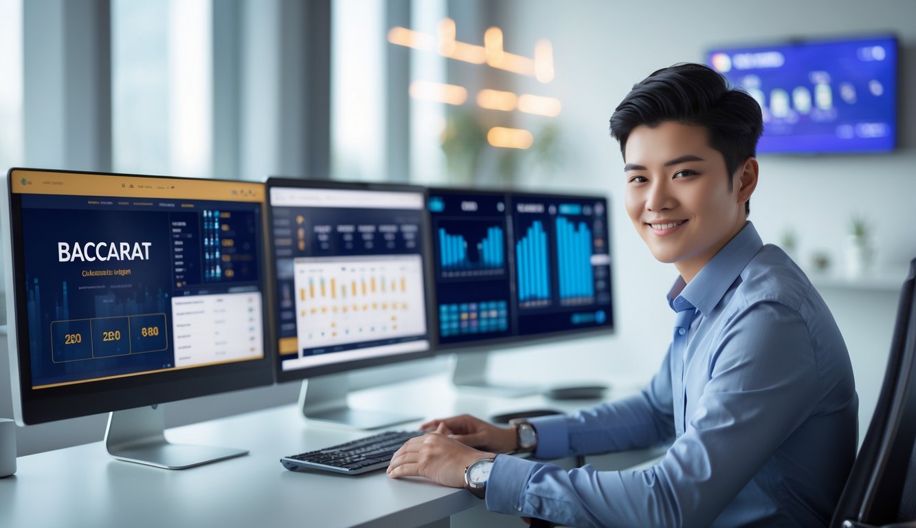 Seorang agen baccarat online duduk di depan komputer dengan beberapa layar menampilkan permainan baccarat dan grafik keuangan di kantor modern.