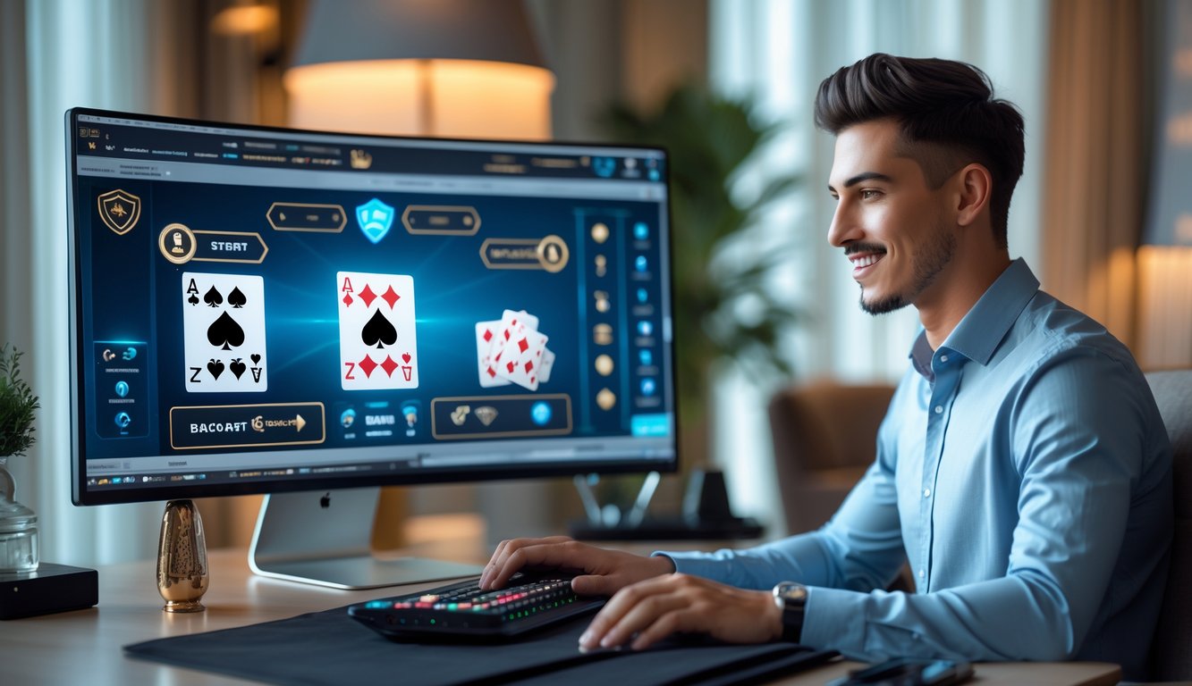 Seorang dewasa muda duduk di depan komputer dengan layar permainan baccarat online, terlihat fokus dan nyaman di ruangan yang rapi dan terang.