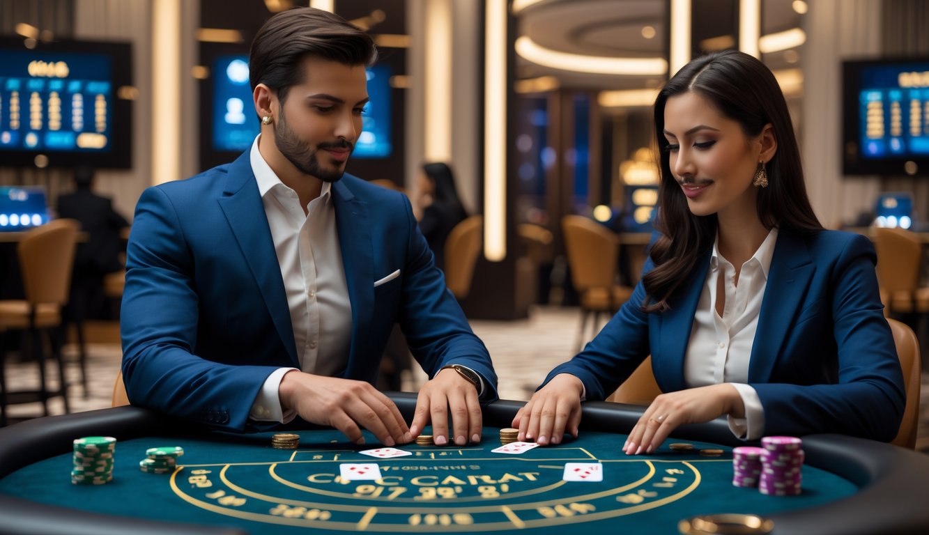 Seorang pria dan wanita duduk di meja permainan baccarat di kasino yang mewah, fokus bermain dengan kartu dan chip di depan mereka.