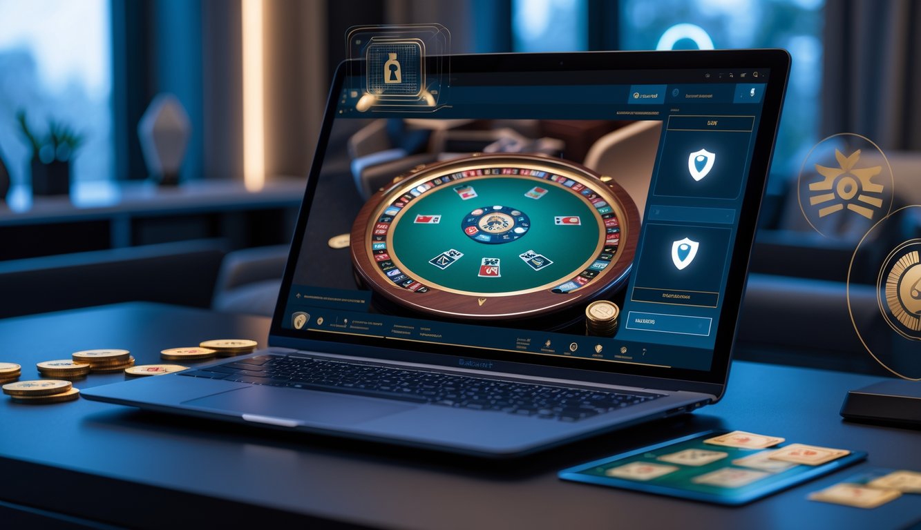 Seseorang menggunakan komputer dengan tampilan permainan baccarat online dan simbol keamanan di latar belakang.