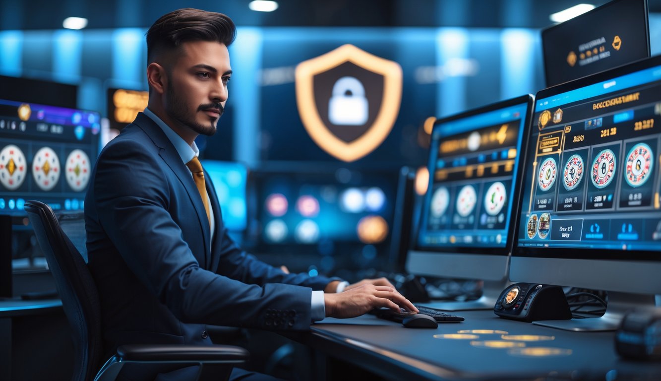 Seorang agen baccarat online yang percaya diri duduk di depan beberapa layar komputer yang menampilkan permainan kasino langsung, di ruang kantor modern dengan elemen keamanan digital.
