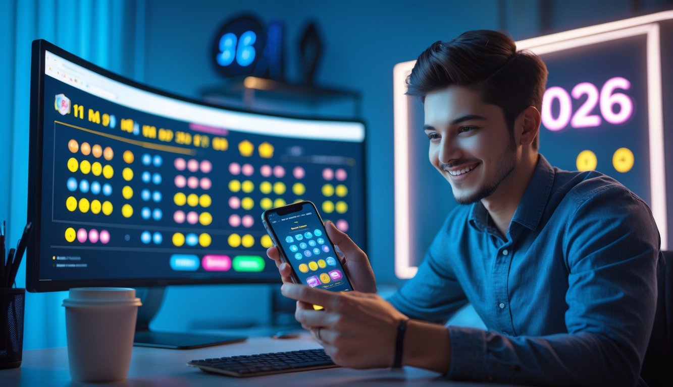 Seseorang sedang menggunakan aplikasi lotere online di meja kerja dengan monitor besar dan suasana modern.