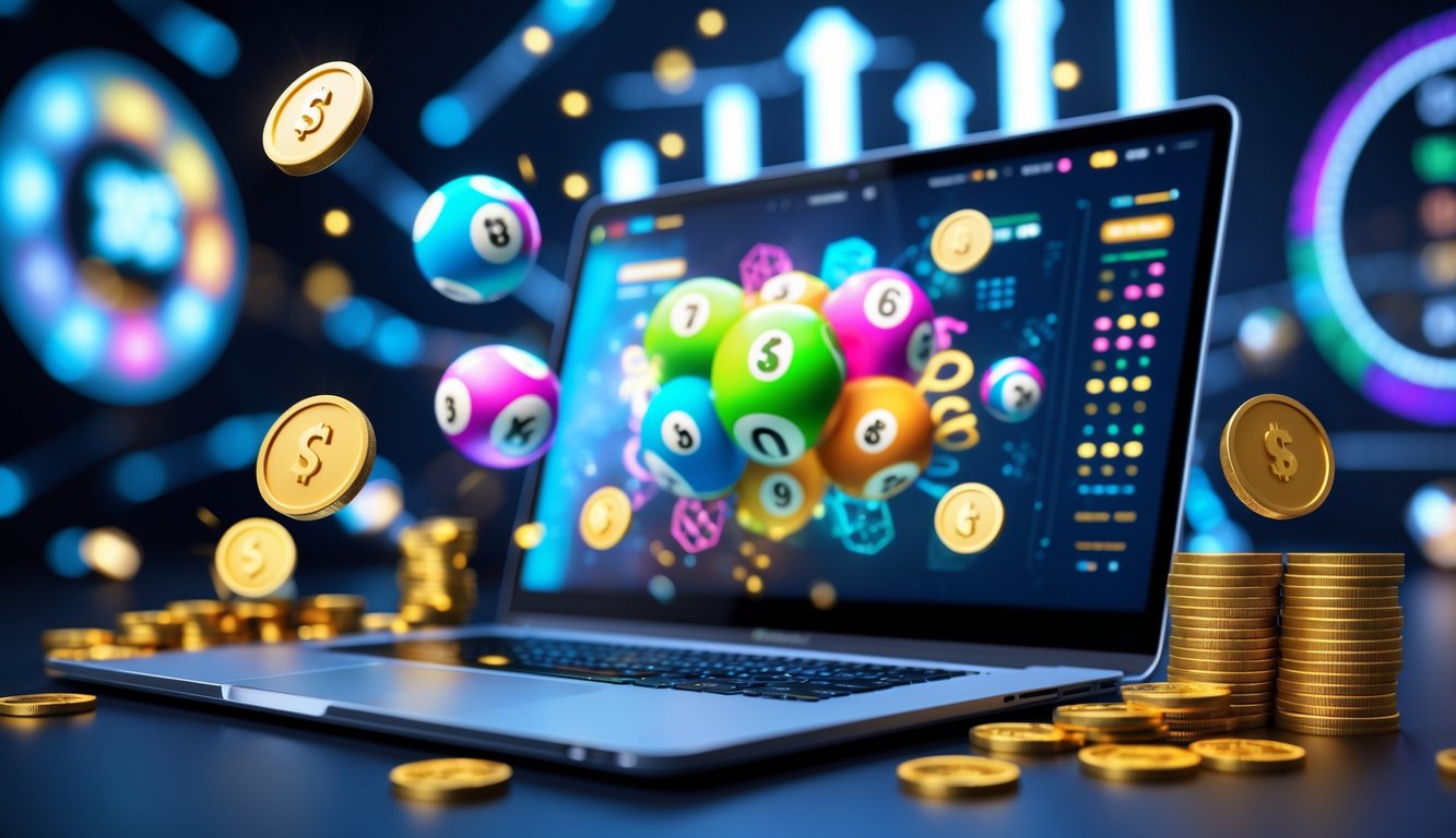 Seorang pria duduk di depan laptop dengan layar menampilkan permainan togel online, dikelilingi oleh koin emas dan bola togel, menunjukkan suasana kemenangan dan bonus besar.