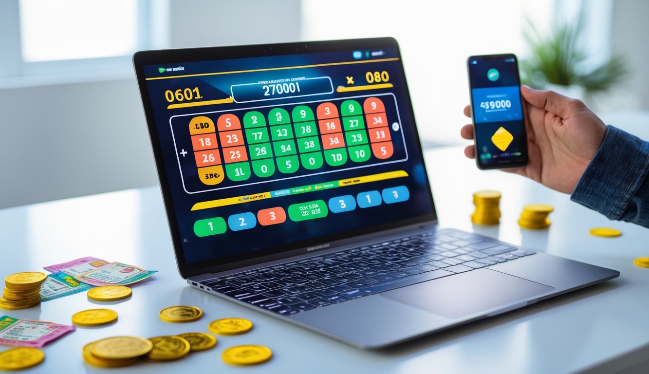 Meja kerja modern dengan laptop yang menampilkan situs togel online dan tangan memegang chip atau koin.