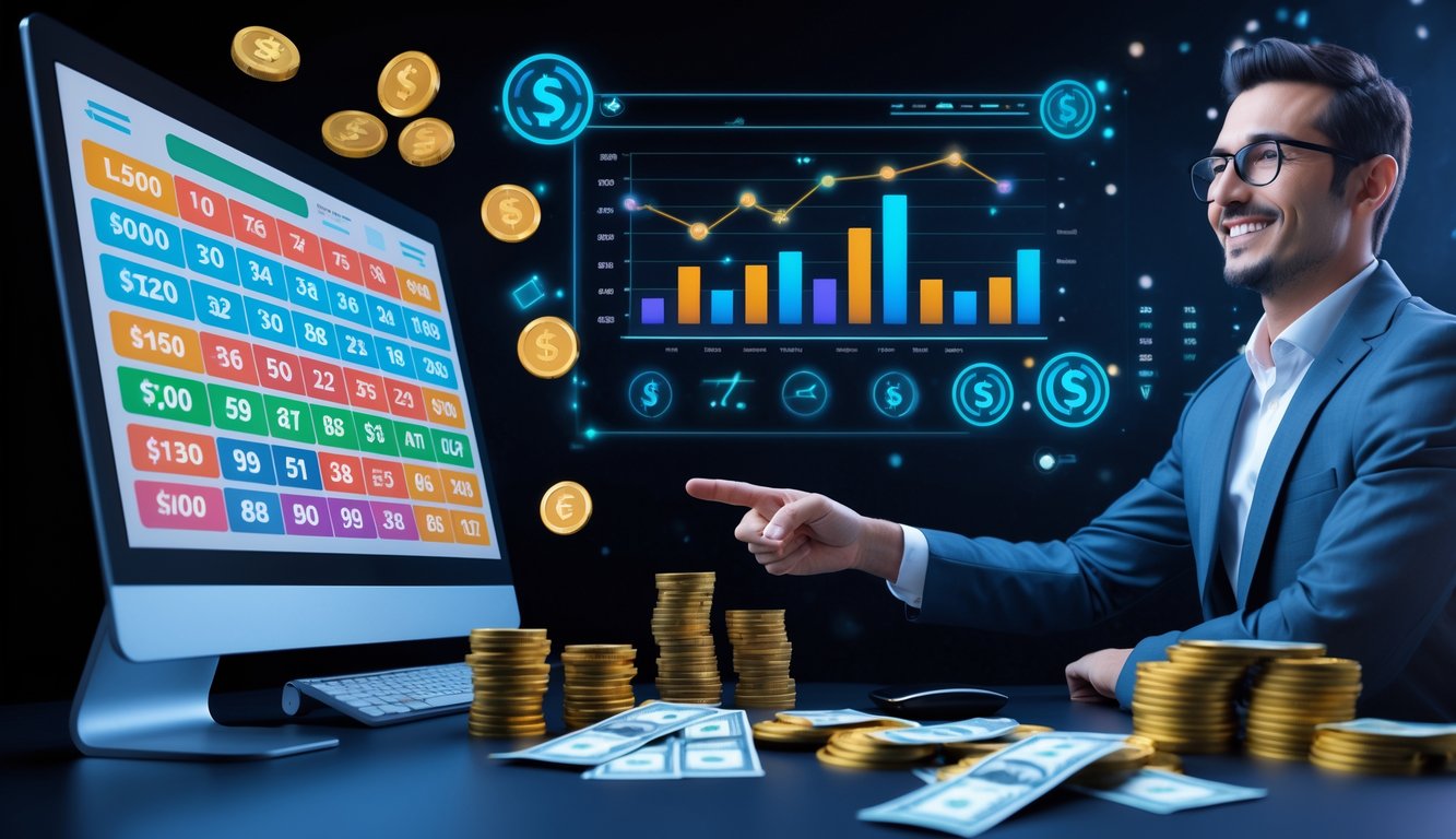 Seseorang di meja kerja modern menggunakan komputer dengan grafik dan tumpukan uang serta tiket lotre di sekitar, menunjukkan suasana permainan lotre online yang terpercaya dan menguntungkan.