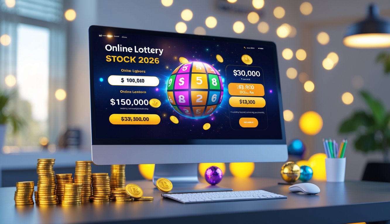 Sebuah ruang kerja modern dengan komputer menampilkan permainan togel online dan simbol keberuntungan seperti koin emas dan bola togel.
