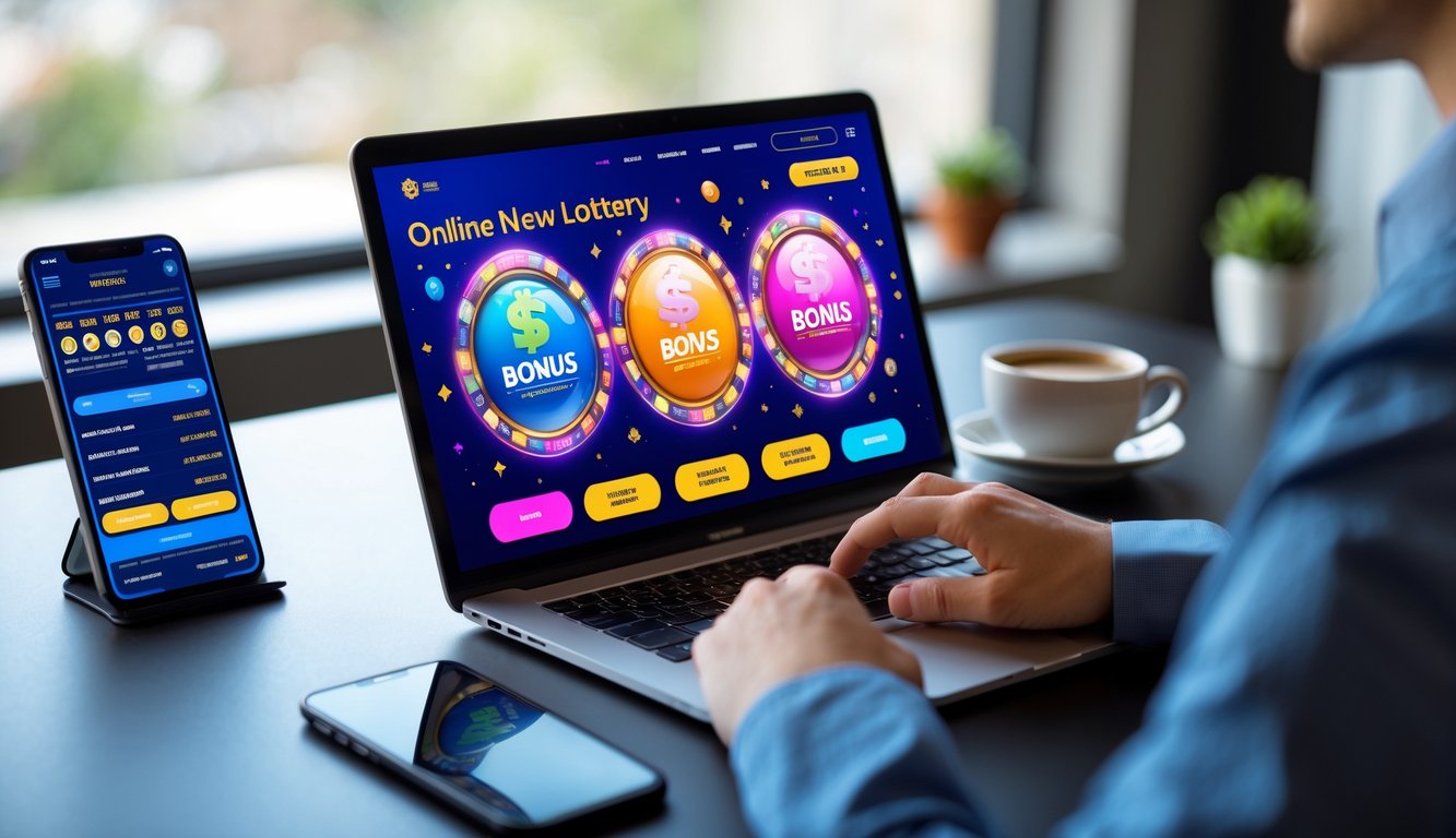 Meja kerja modern dengan laptop yang menampilkan situs togel online, tangan seseorang sedang menggunakan laptop, dan smartphone di samping.