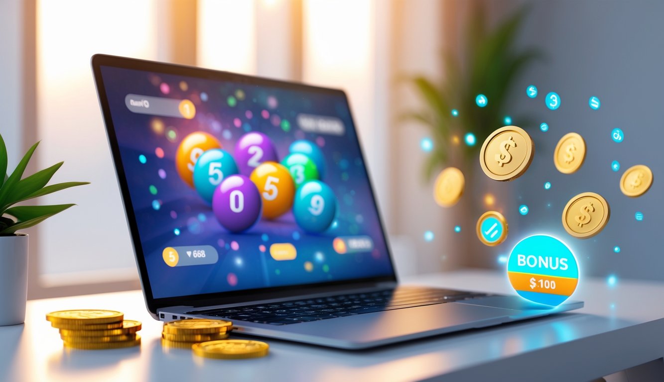 Seorang pria menggunakan laptop di meja dengan tampilan antarmuka togel online dan simbol pembayaran cepat serta bonus menarik di sekitarnya.