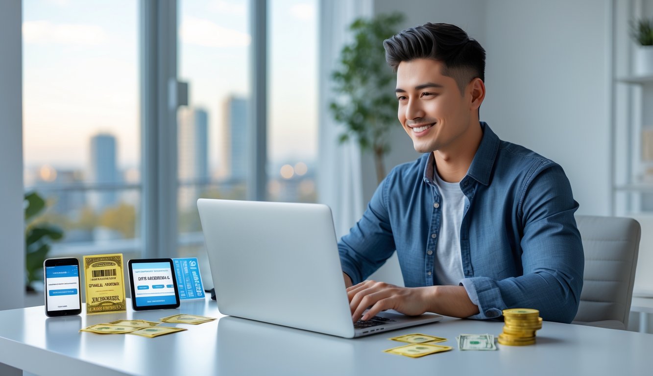 Seorang pria muda duduk di meja modern menggunakan laptop dengan latar kantor rumah yang terang dan rapi, menampilkan suasana percaya dan fokus.