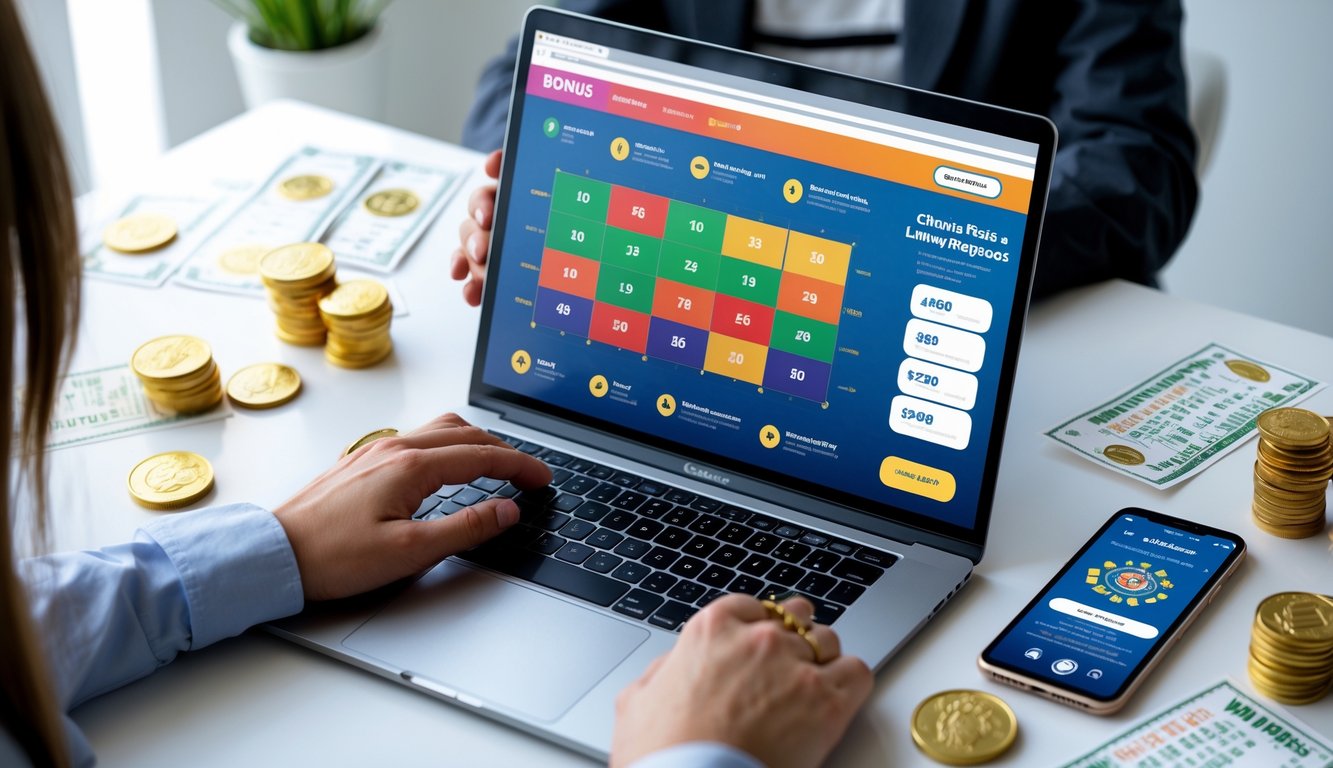 Seseorang menggunakan laptop di meja kerja dengan tampilan situs togel online dan elemen seperti koin emas dan tiket lotre di sekitarnya.