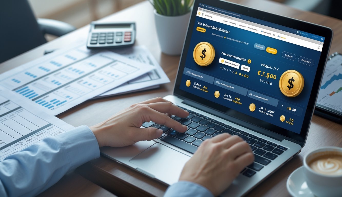 Seorang pengguna sedang menggunakan laptop di meja kerja dengan dokumen dan kalkulator di sekitarnya, fokus pada memilih situs togel online dengan bonus dan peluang terbaik.