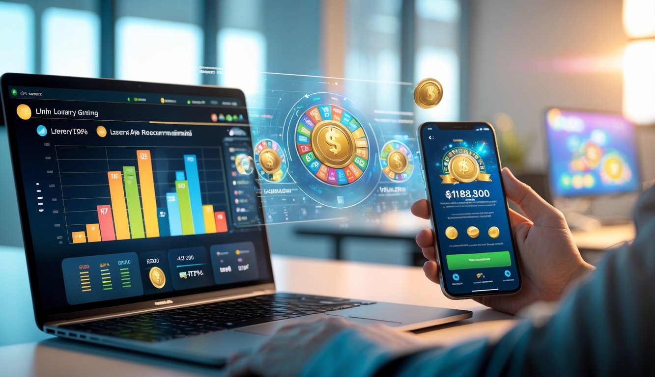 Seorang profesional menggunakan laptop dan ponsel di meja kerja modern dengan tampilan grafik dan aplikasi togel online.