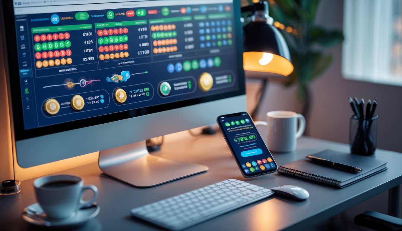 Meja kerja modern dengan komputer dan ponsel yang menampilkan hasil dan bonus togel online.