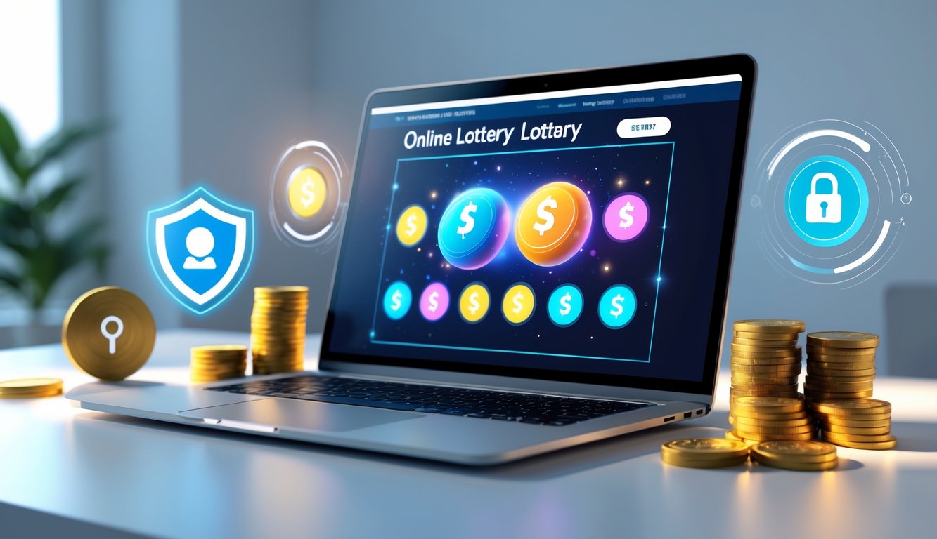 Seorang pengguna sedang melihat situs lotere online yang aman dan terpercaya di laptop dengan latar belakang meja kerja yang rapi.