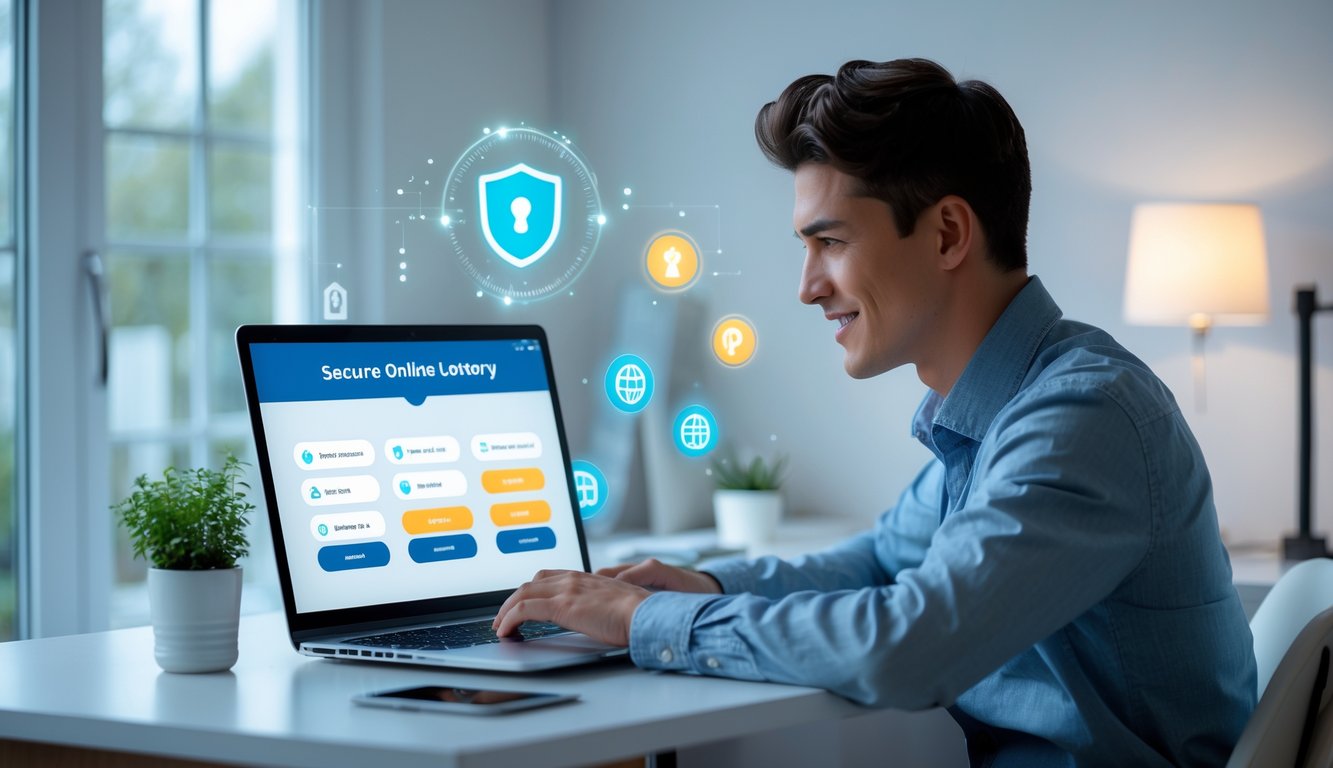 Seorang pria muda duduk di meja dengan laptop, fokus pada layar komputer yang menunjukkan platform togel online yang aman dan terpercaya.