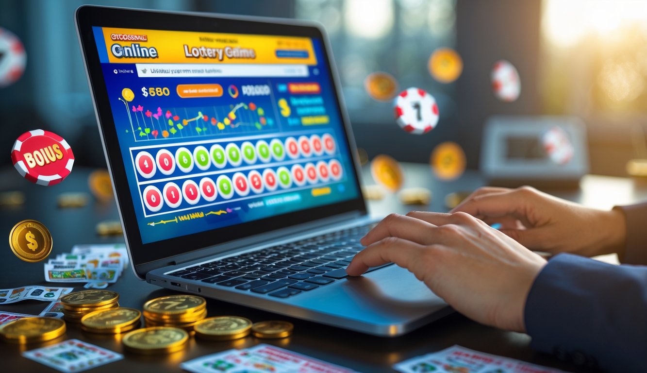 Seseorang menggunakan laptop di meja kerja dengan tampilan situs togel online yang menarik dan elemen bonus di sekitarnya.