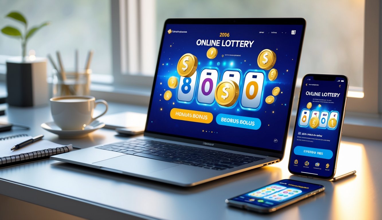Meja kerja modern dengan laptop dan ponsel yang menampilkan aplikasi togel online, dilengkapi dengan cangkir kopi dan alat tulis di sampingnya.