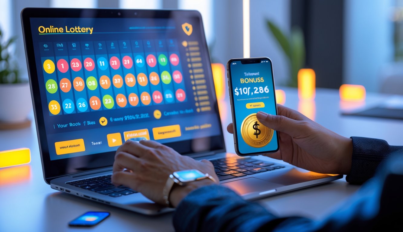 Seseorang menggunakan laptop dan ponsel untuk bermain togel online di meja kerja yang rapi dengan simbol keamanan digital di latar belakang.