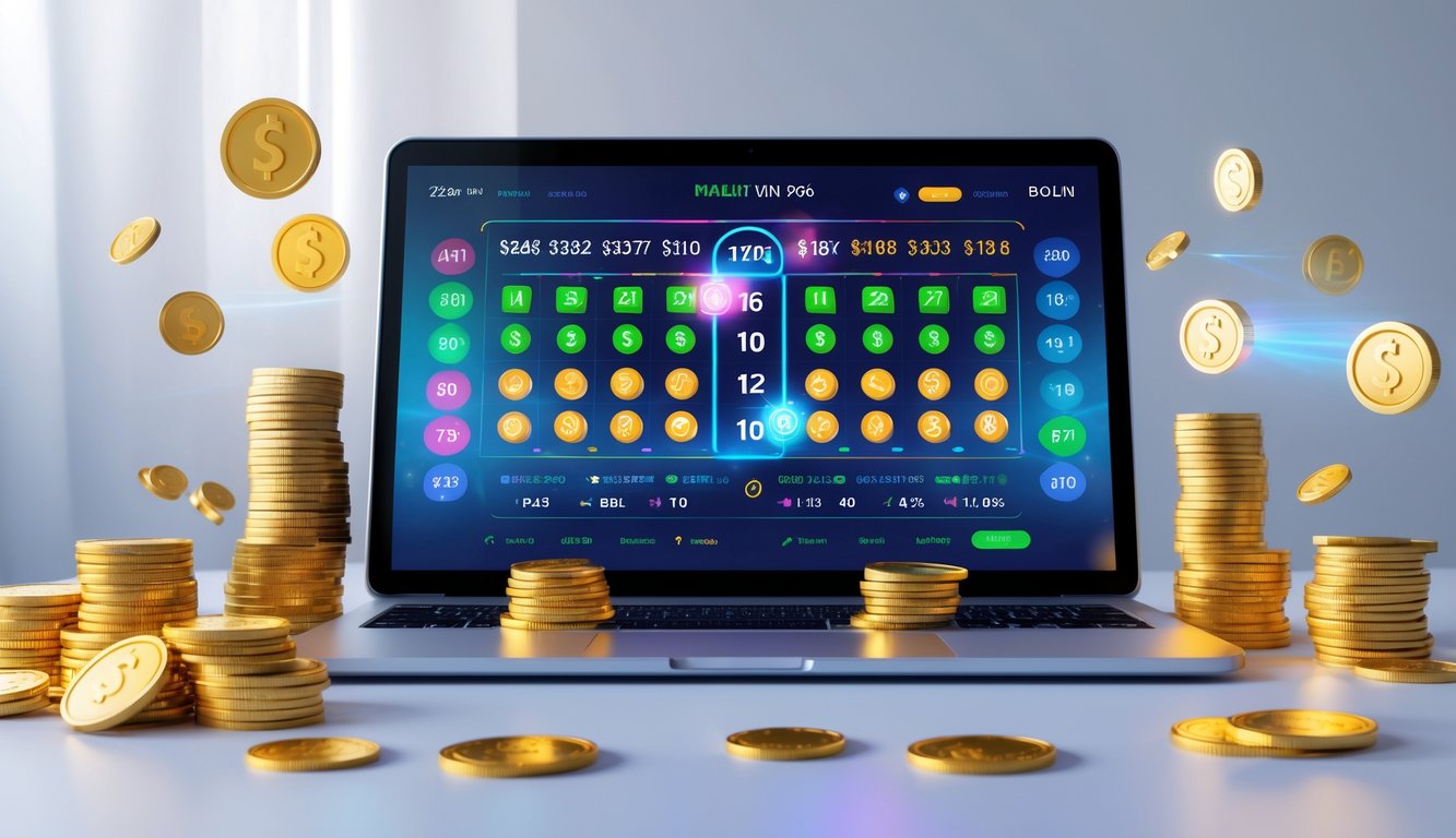 Sebuah laptop modern dengan tampilan antarmuka permainan togel online dan simbol kemenangan seperti koin emas dan tumpukan uang di sekitarnya.