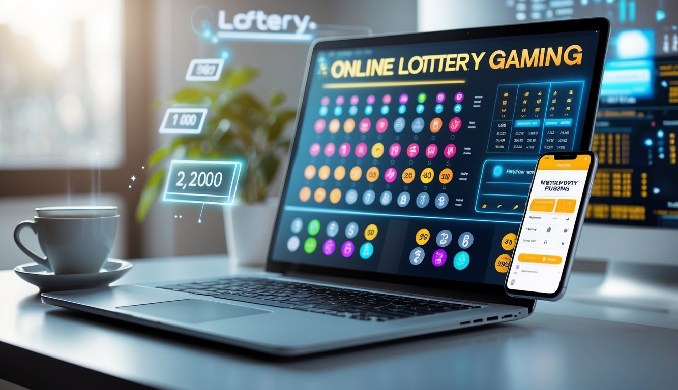 Meja kerja modern dengan laptop menampilkan angka togel, ponsel dengan notifikasi kemenangan, dan secangkir kopi.
