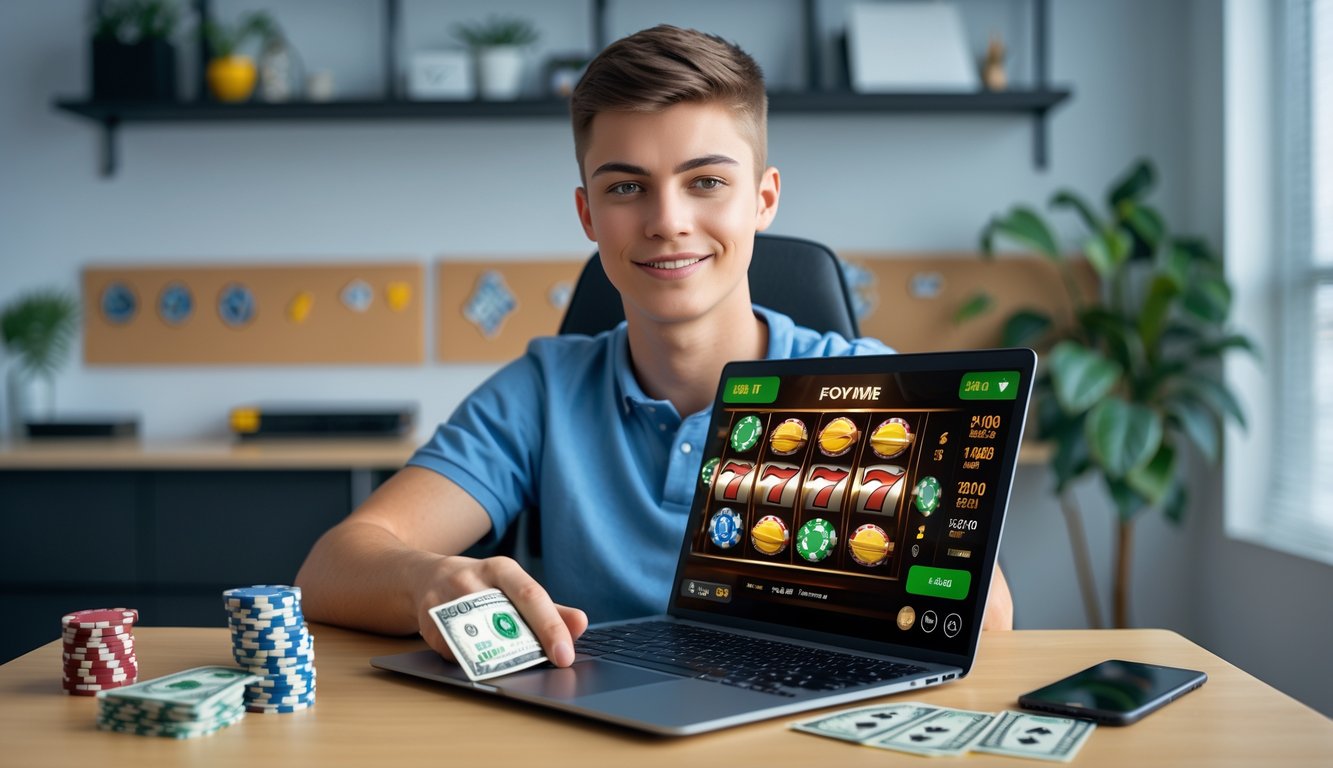 Seorang dewasa muda duduk di meja dengan laptop yang menampilkan permainan slot online, terlihat fokus dan optimis, dengan tumpukan uang kecil dan ponsel di dekatnya di ruangan kantor rumah yang terang.