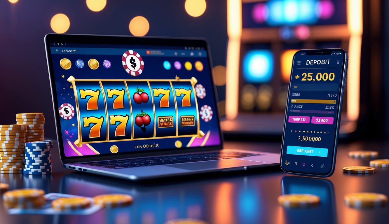 Seorang pria menggunakan laptop dan smartphone dengan tampilan permainan slot online dan simbol kemenangan di layar, di meja kerja dengan latar belakang elemen kasino.