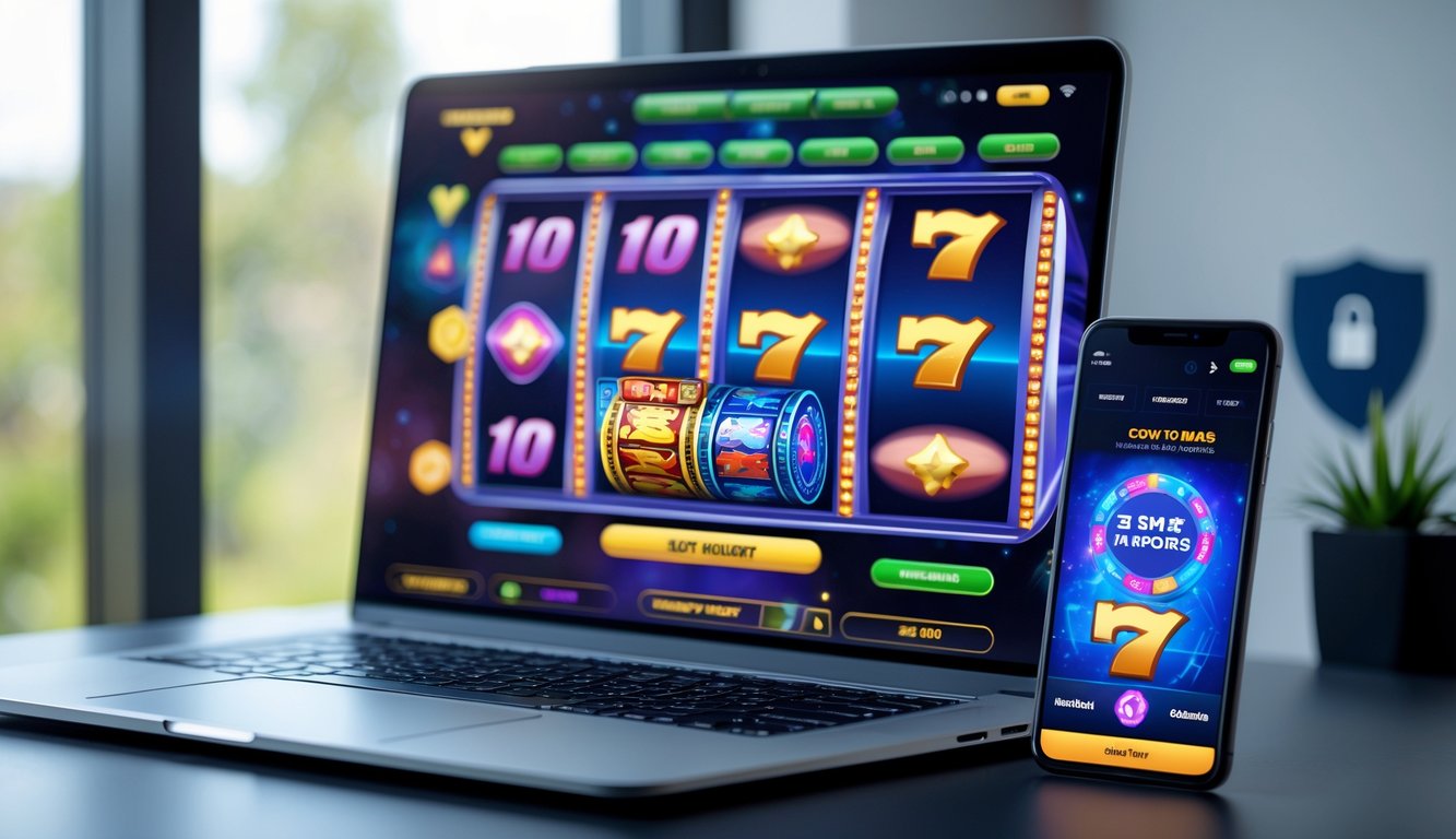 Seorang pengguna sedang bermain mesin slot online di laptop dan ponsel dengan suasana yang aman dan percaya diri.