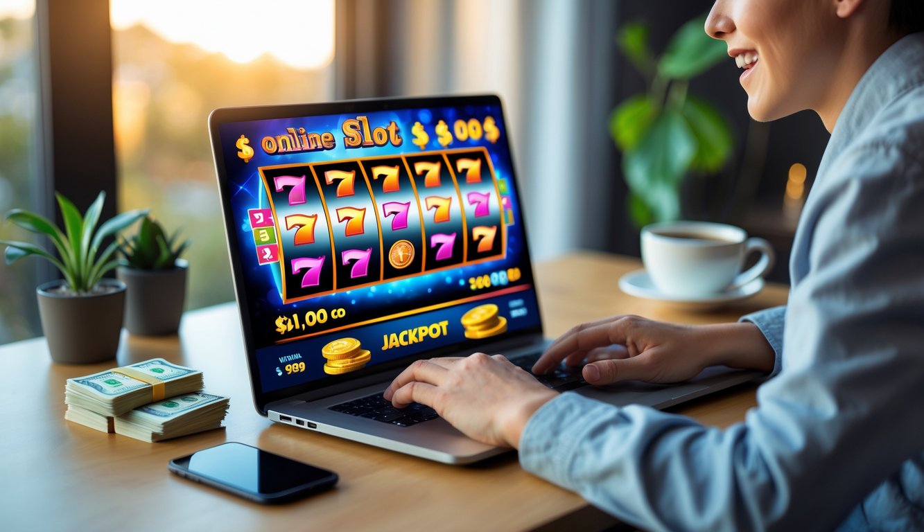 Seorang dewasa muda duduk di meja modern, bermain permainan slot online di laptop dengan ekspresi fokus dan antusias.