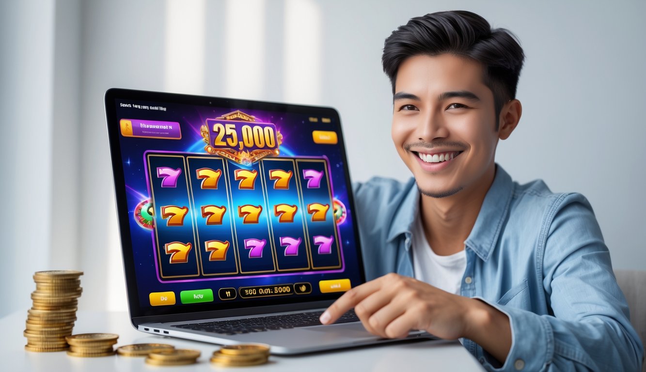 Seorang dewasa muda tersenyum sambil bermain permainan slot online di smartphone dengan tumpukan uang kecil di dekatnya.