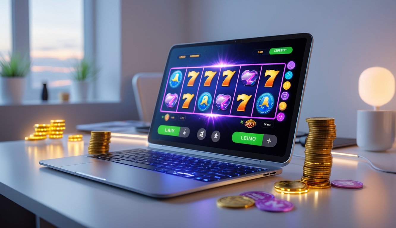 Seseorang bermain mesin slot online di laptop di meja kerja dengan suasana rumah yang nyaman.