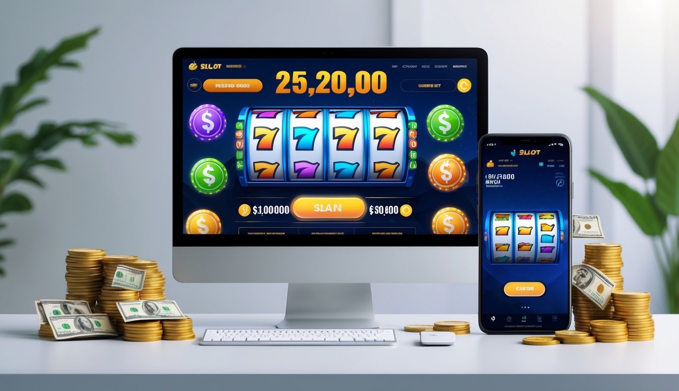 Seorang pemain menggunakan laptop dan ponsel untuk bermain slot online dengan latar belakang uang dan simbol permainan.