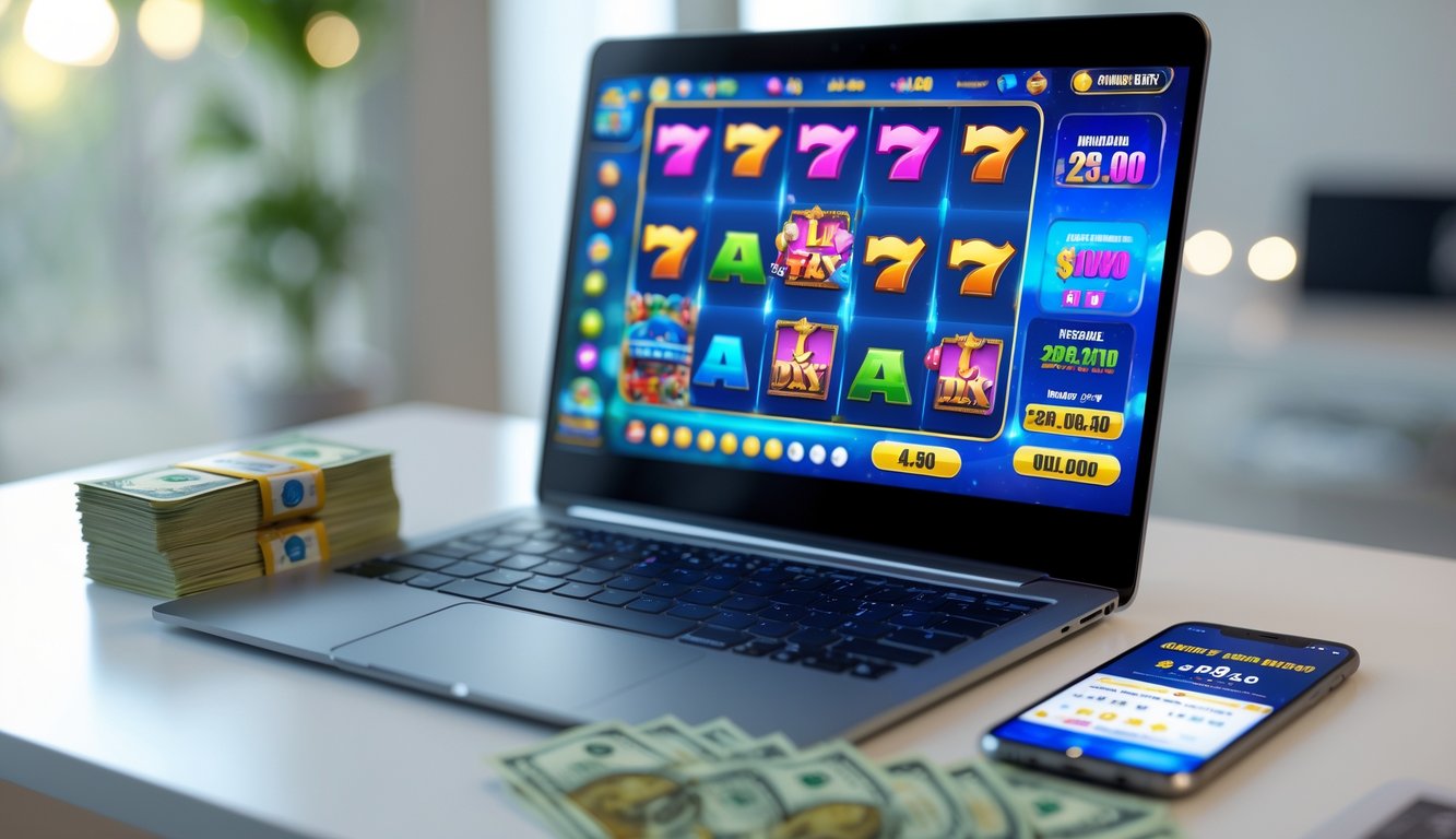 Seorang pemain menggunakan laptop dan smartphone untuk bermain slot online dengan uang tunai kecil di meja.