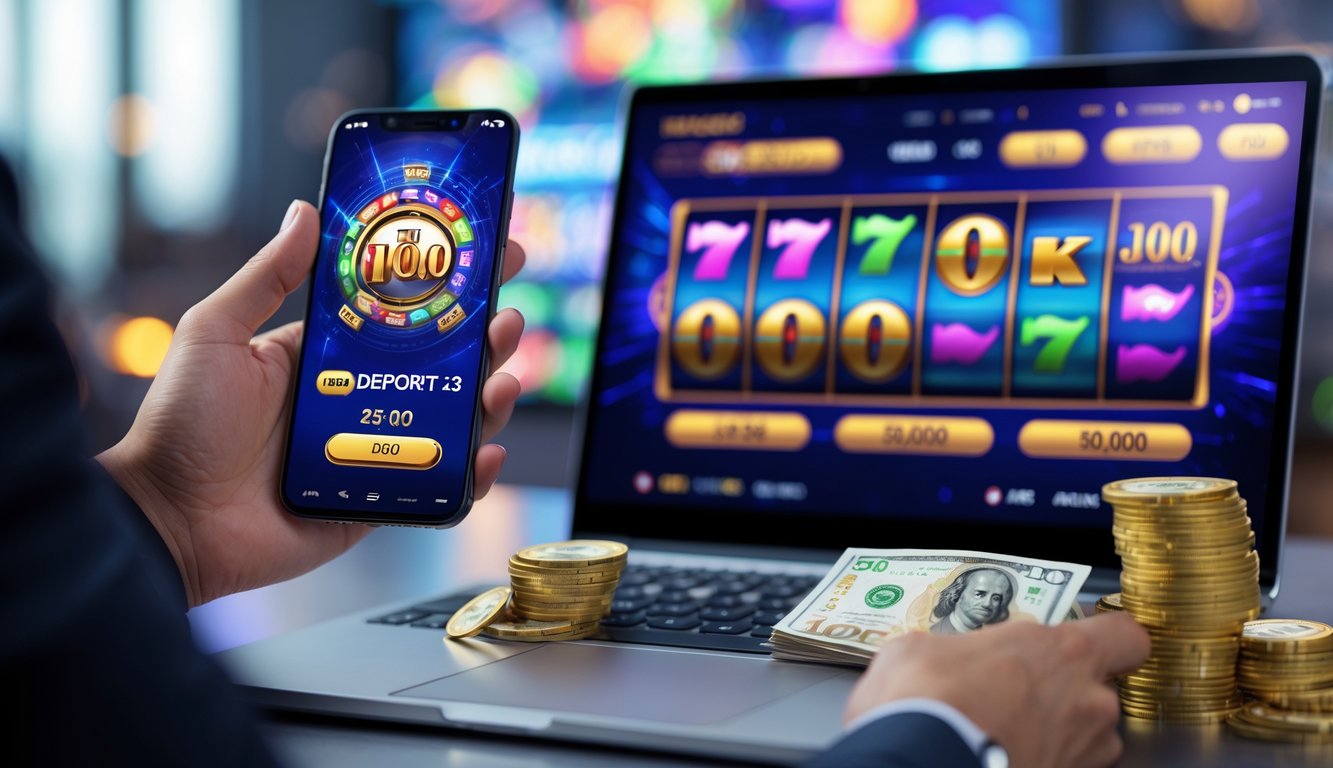 Seorang pengguna bermain permainan slot online di laptop dan ponsel dengan uang tunai kecil di meja.