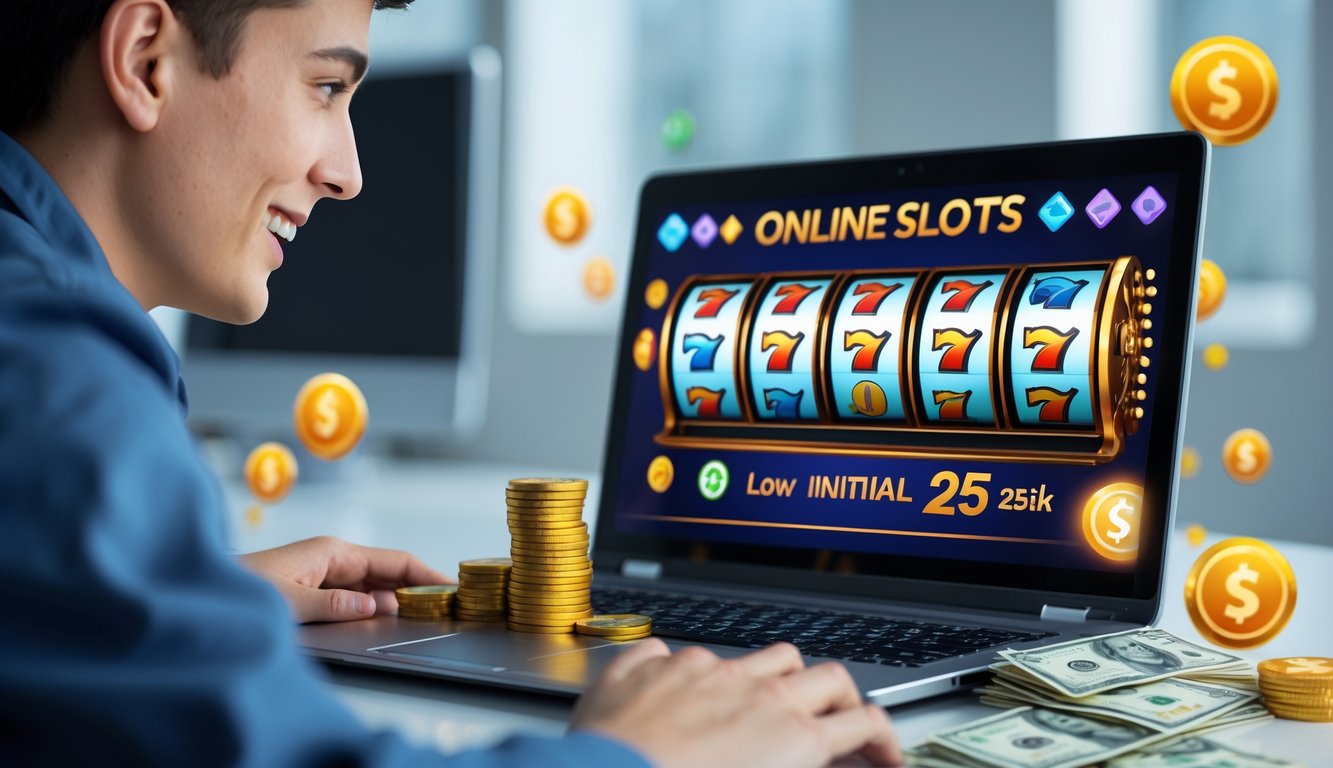 Seseorang sedang bermain slot online di laptop dengan tumpukan koin kecil di meja, menunjukkan modal kecil dan fitur bonus menarik.
