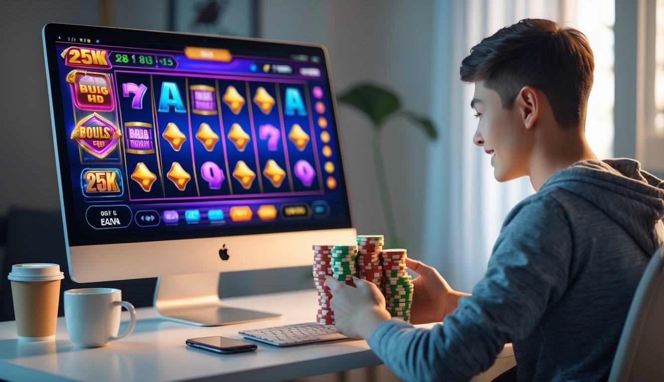 Seseorang sedang bermain permainan slot online di komputer dengan suasana nyaman dan peralatan sederhana.