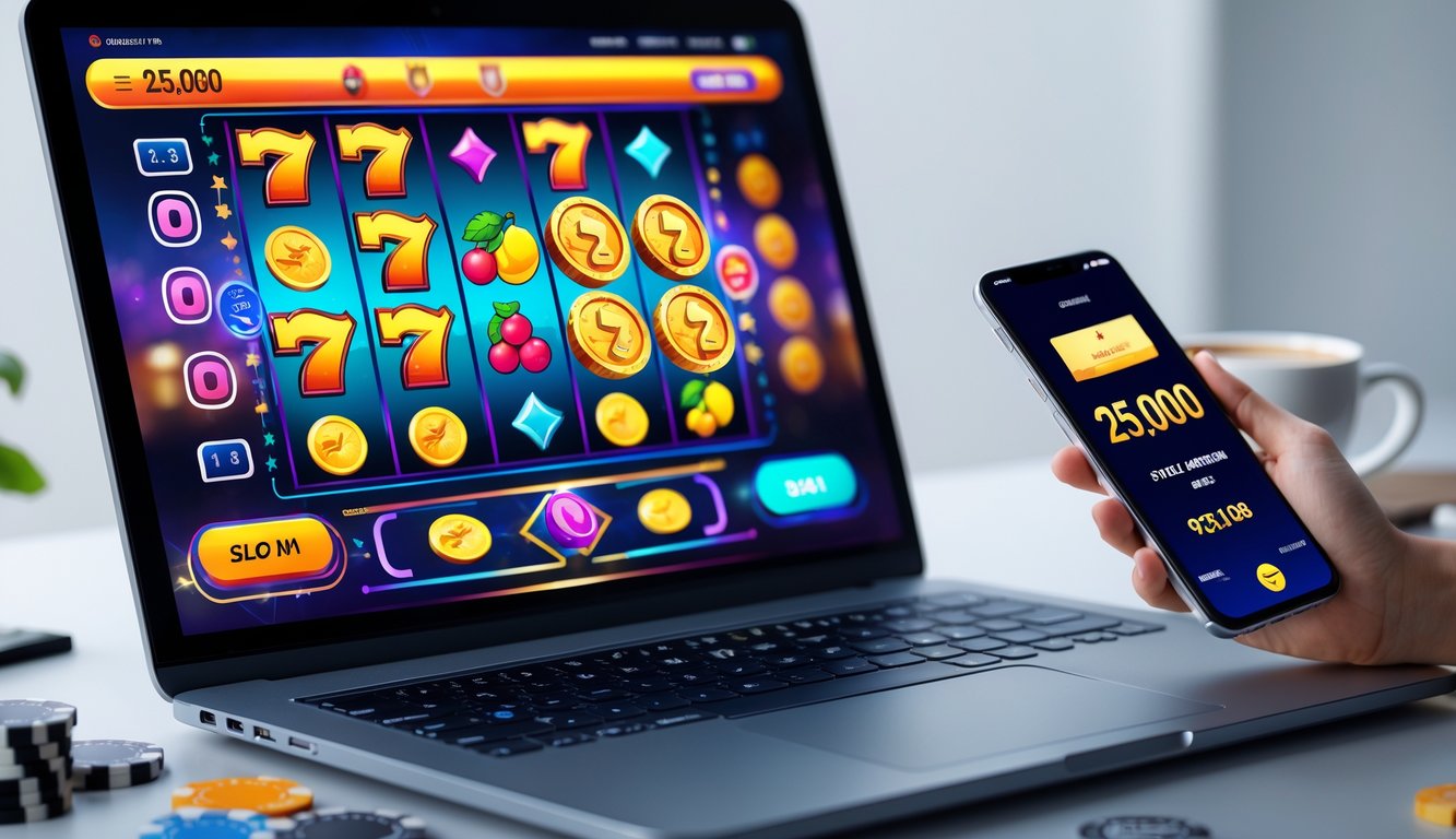 Seorang pemain menggunakan laptop dan smartphone untuk bermain slot online dengan tampilan deposit 25 ribu dan simbol kemenangan di layar.
