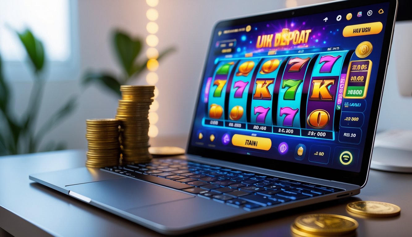 Seorang pemain menggunakan laptop dengan permainan slot online di layar dan uang tunai kecil di meja.
