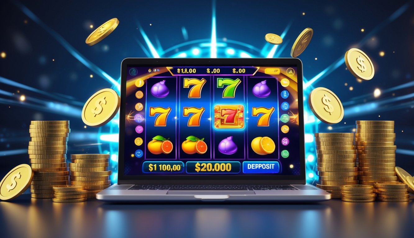 Sebuah laptop menampilkan permainan slot online dengan tumpukan uang dan koin emas di sekitarnya, menggambarkan kemenangan besar dan hiburan.
