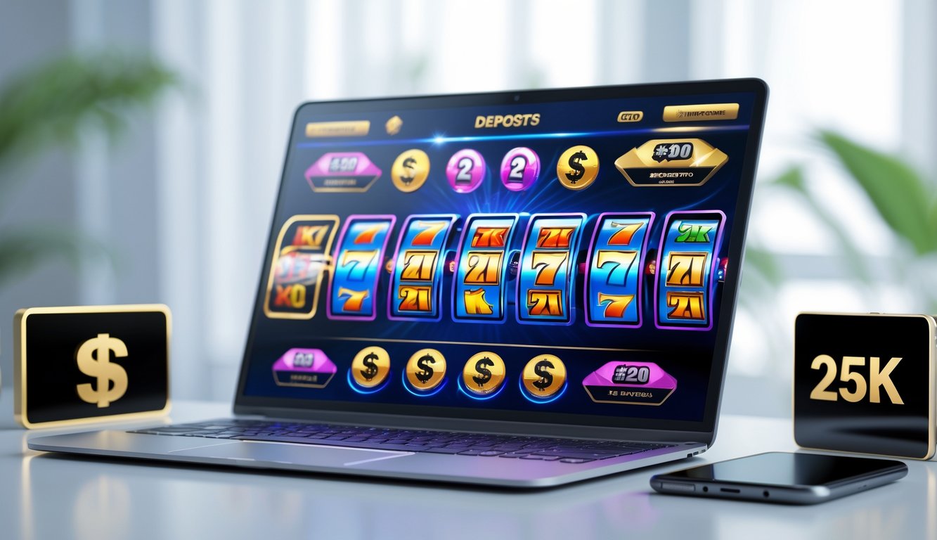 Sebuah komputer dengan tampilan permainan slot online yang berwarna-warni dan simbol jackpot, dikelilingi oleh elemen yang menunjukkan deposit mudah dan terjangkau.