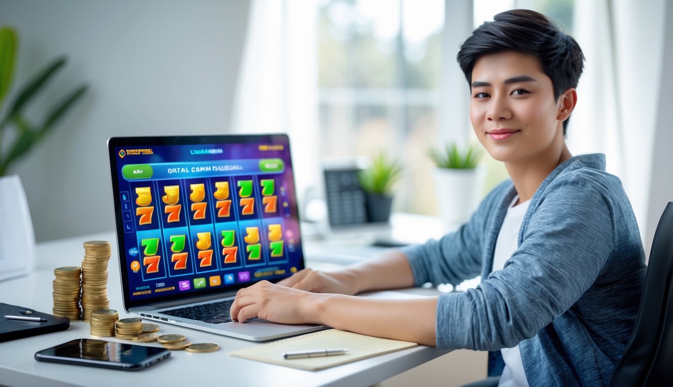Seseorang duduk di meja dengan laptop yang menampilkan permainan slot online, dikelilingi oleh koin dan catatan keuangan di ruang kerja yang terang.