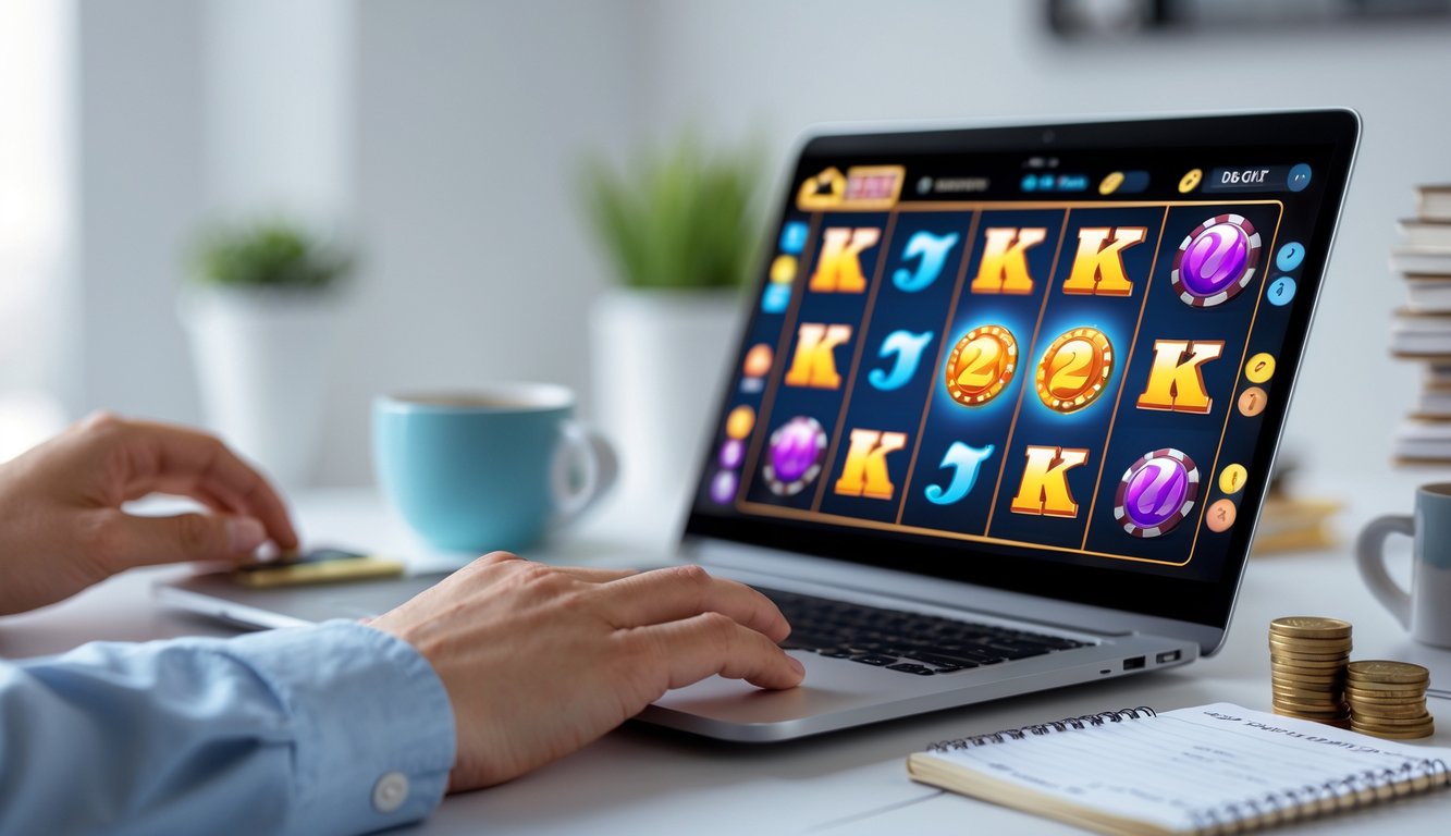 Seseorang menggunakan laptop dengan tampilan permainan slot online berwarna-warni di layar, di meja terdapat tumpukan koin dan catatan keuangan kecil.