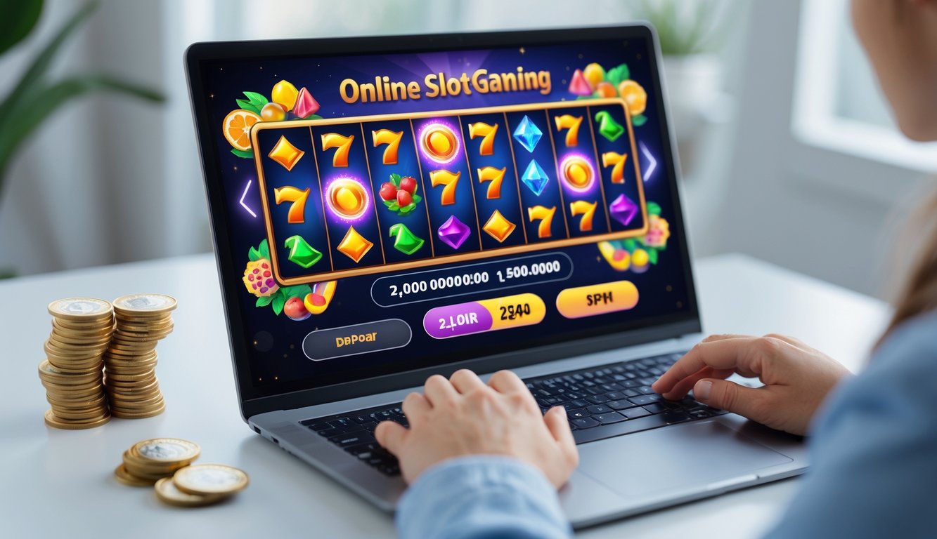 Seseorang bermain permainan slot online di laptop dengan latar ruang kerja modern dan pencahayaan alami.