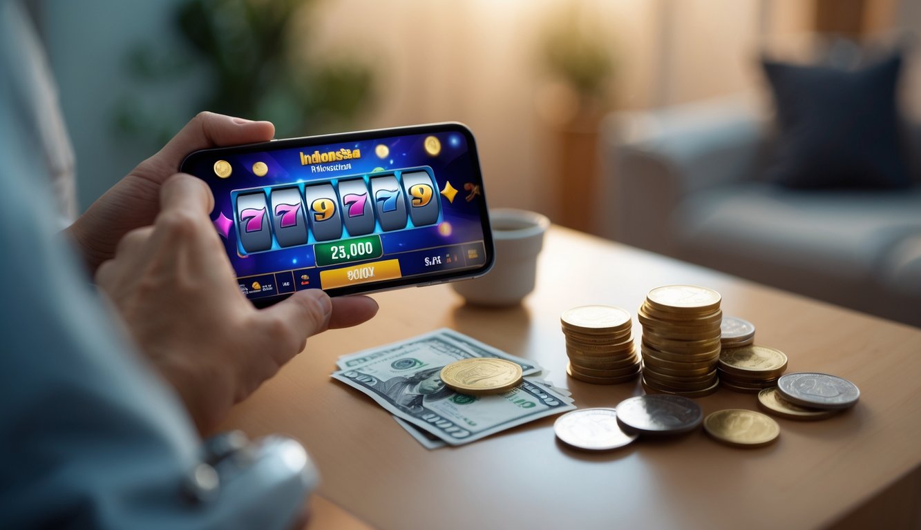 Tangan memegang ponsel dengan permainan slot online di layar, di atas meja terdapat uang kertas dan koin rupiah.